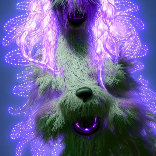 Prompt: a puli made out of tendrils of glowing purple magic, unreal engine, volumetric lighting, artstation
