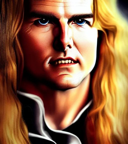Prompt: majestic regal aristocratic a long blond haired tom cruise as lestat de lioncourt portrait, luxurious indoor setting, atmospheric lighting, painted, voluptuous, menacing, intricate, volumetric lighting, rich deep colours masterpiece, sharp focus, ultra detailed, by leesha hannigan, ross tran, thierry doizon, kai carpenter, ignacio fernandez rios