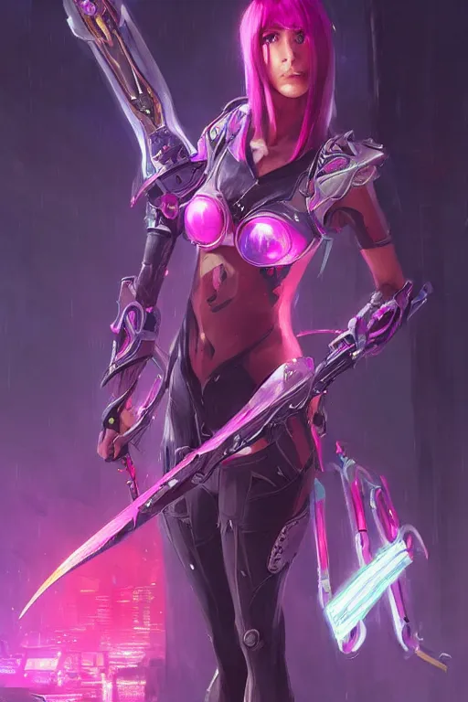 Image similar to fiora from league of legends, cyberpunk futuristic neon. long sword in her hand, decorated with traditional japanese ornaments by ismail inceoglu dragan bibin hans thoma greg rutkowski alexandros pyromallis nekro rene maritte illustrated, perfect face, fine details, realistic shaded, fine - face, pretty face, masterpiece