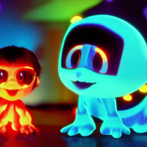 Image similar to cute smiling pixar and chibi style electric blue scaled glowing baby dinosaurs in tron movie, cinestill