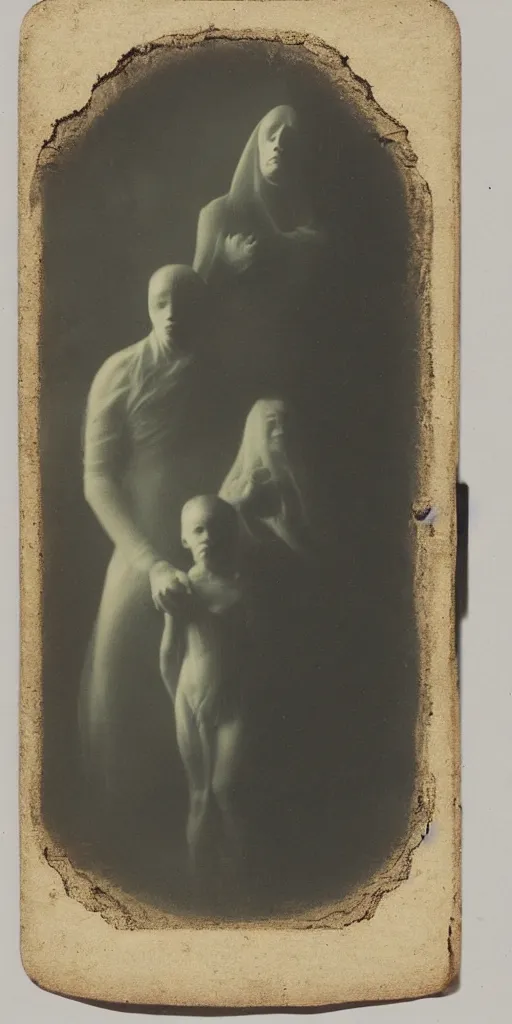Image similar to spirit photography with glowing bulbous ectoplasm, scary shadow people, sleep paralysis demon, plasma lightning bolts, 1 9 0 0 s, slimer, mourning family, invoke fear and dread, old photograph, daguerreotype