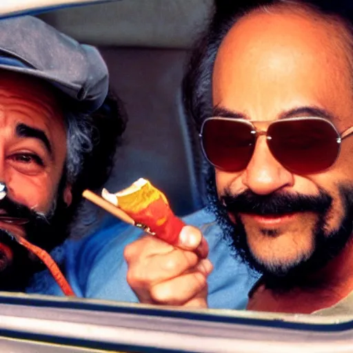 Prompt: cheech and chong smoking in a car, realistic, 4 k,
