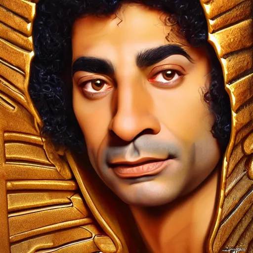 Image similar to a detailed fantasy character portrait of Mohamed Mounir as egyptian stage star by lauri blank, artgerm, evelyn de morgan, 8K, 50mm lens