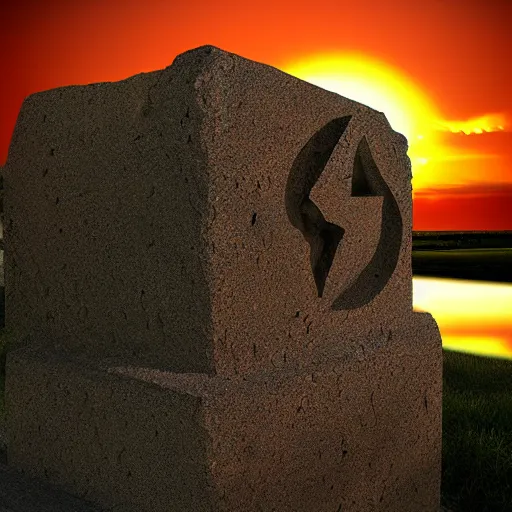 Image similar to cracked stone statue of λ symbol, epic sunset in the background, highly detailed digital art