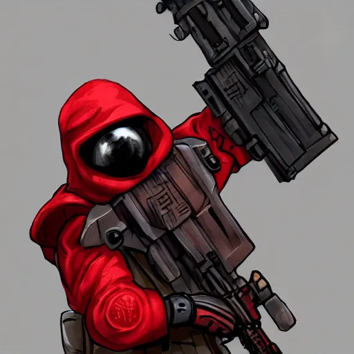 Image similar to character concept design of a red hazmat holding an SMG in a dark hallway, trending on artstation