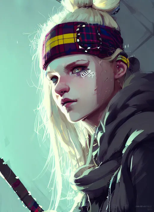 Image similar to highly detailed closeup portrait of a sewer punk swedish female barbarian student, tartan garment, blonde hair pigtails with headband by atey ghailan, by greg rutkowski, by greg tocchini, by james gilleard, by joe fenton, by kaethe butcher, gradient sapphire, black, brown and white color scheme, grunge aesthetic!!! white graffiti tag wall background