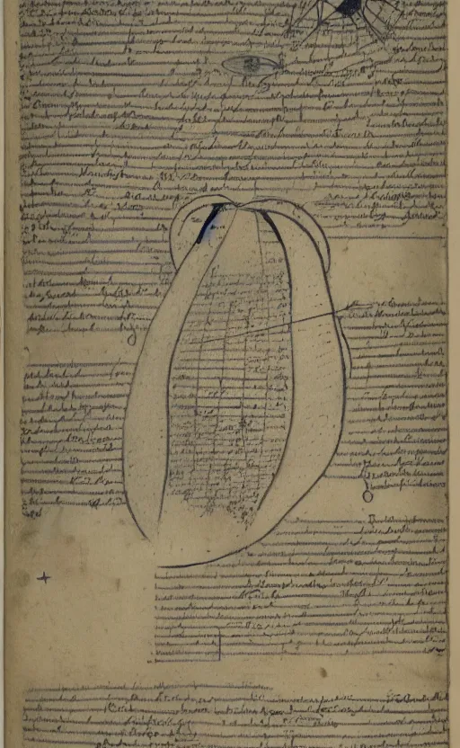 Prompt: page of the voynich manuscript with a drawing depicting a UFO in the sky