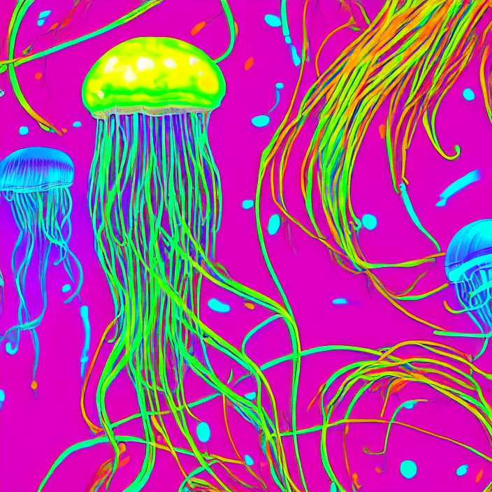 Prompt: psychedelic colored jellyfish, bright neon colors, digital art