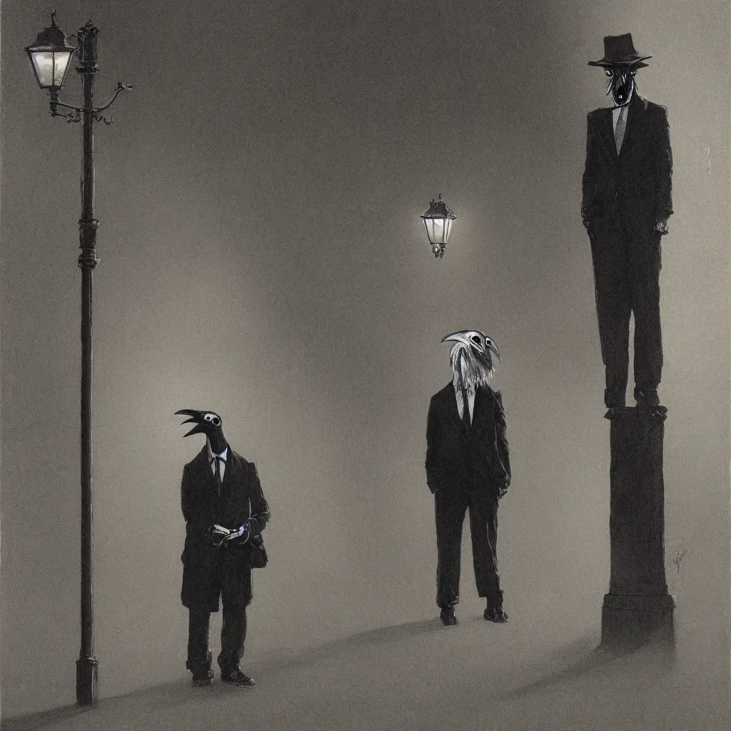 Prompt: a highly detailed portrait of a man wearing a suit and a raven mask standing in the middle of a street illuminated by a lone street lamp, by norman rockwell, cinematic lighting, detailed drawing