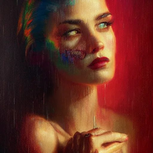 Image similar to detailed face of a woman clothed wrapped in textiles, lush, opulent, fauna, utopian, tech noir, wet reflections, prism, atmospheric, ambient, pj crook, syd mead, livia prima, artgerm, greg rutkowski, nick alm, casey baugh