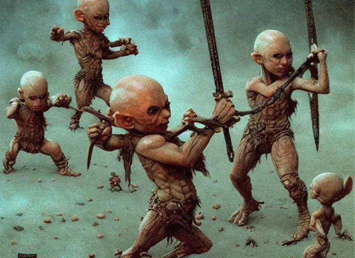 Prompt: bald barbarian girl fighting small cute goblins by Beksinski and Luis Royo