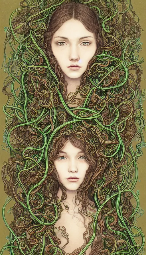 Prompt: very detailed portrait of a 2 0 years old girl surrounded by tentacles, the youg woman visage is blooming from fractal and vines, by james jean,