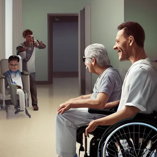 Image similar to a male patient in a wheelchair in the hospital with his wife and son standing by. happy, cheerful, smiling, intricate, face enhance, sharp focus, cinematic lighting, featured in artistation, 8 k, art by greg rutkowski, emiliya lane