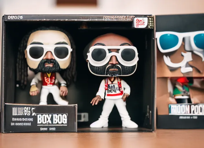 Image similar to product still of Snoop Dogg funko pop with box, 85mm f1.8