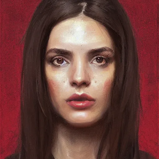 Prompt: Portrait of a woman by Greg Rutkowski, she is about 20 years old, brown long and straight hair, pretty oval face, attractive, her features are a mix between german and turkish, tall and slim, smart looking, she is wearing utilitarian red and black jumpsuit, highly detailed portrait, digital painting, artstation, concept art, smooth, sharp foccus ilustration, Artstation HQ.