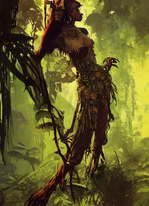 Image similar to a full body portrait of a jungle queen, intricate, elegant, highly detailed, vivid colors, john park, frazetta, sparth, ruan jia, jeffrey catherine jones