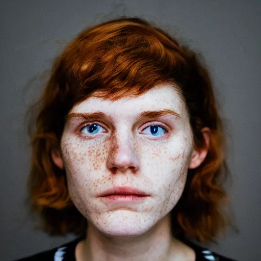 Image similar to an award winning close up portrait of face of cute 1 9 year old white woman with tired eyes, no makeup, freckles, strong jawline, skinny, short straight ginger hair in a bob style, black t shirt, flash photography, photographed by terry richardson,