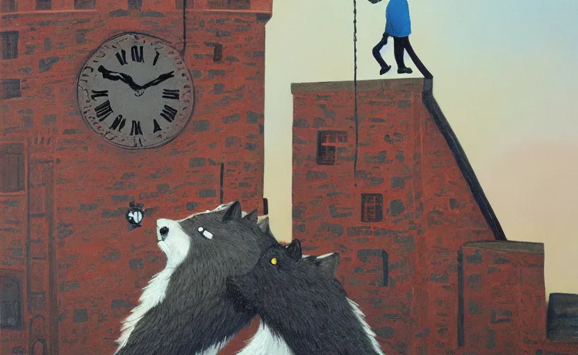 Image similar to a boy fighting a wolf on the edge of a clocktower, by oliver jeffers, gouche, print