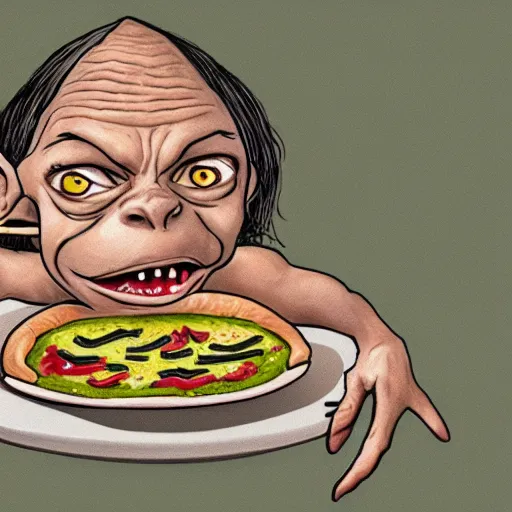 Prompt: a caricature drawing of gollum being eaten by a pizza