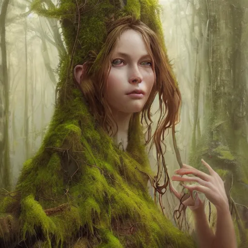 Prompt: Portrait of beautiful witch forest moss plants, 4k oil on linen by wlop, artgerm, andrei riabovitchev,nuri iyem, james gurney, james jean, greg rutkowski, highly detailed, soft lighting 8k resolution oil on canvas