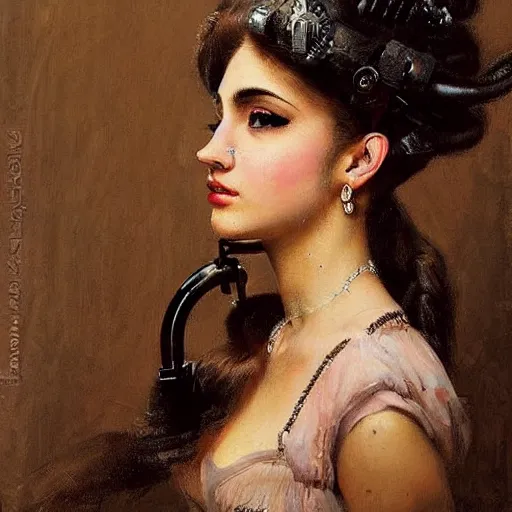 Image similar to Portrait of a steampunk Ariana Grande, elegant, mechanical, broad detail, facial details, vintage shading, by Ilya Repin