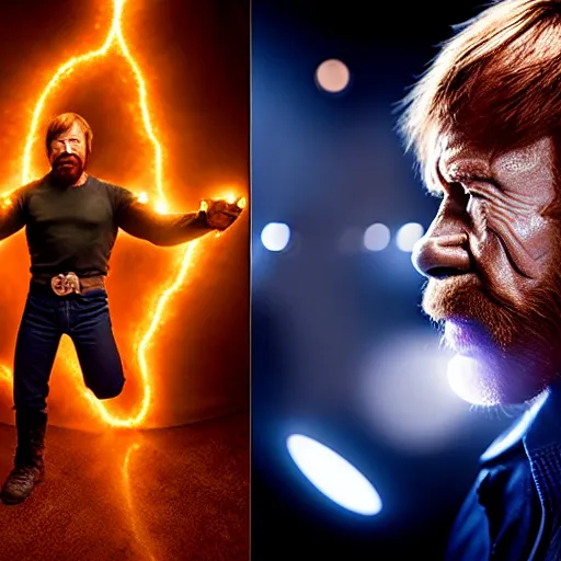 Prompt: uhd candid photo of cosmic chuck norris powering up, glowing, global illumination, studio lighting, radiant light, hyperdetailed, correct face, elaborate intricate costume. photo by annie leibowitz