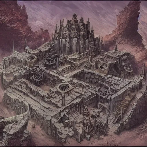 Image similar to dungeon map board concept d & d cave, desert, vulcanic ground, monument, tribal hollows and build. hyper detailed, fantasy style art, highly detailed, digital painting, artstation, concept art, smooth, sharp focus, illustration, art by artgerm and greg rutkowski and alphonse mucha