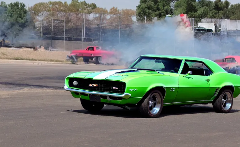 Image similar to a green 1 9 6 9 chevrolet camaro zl jumping over a fire explosion