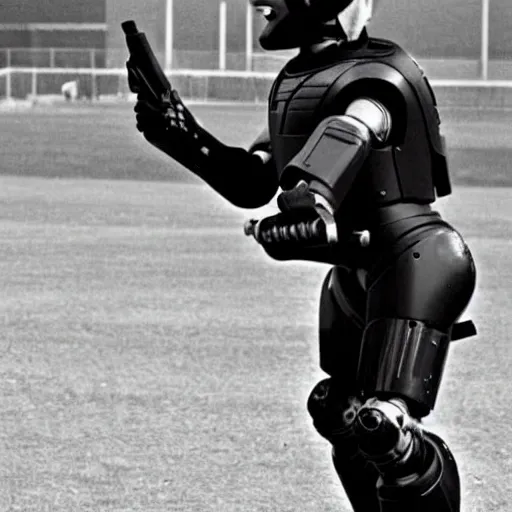 Prompt: award winning photograph of peter weller as robocop, yelling at little league game