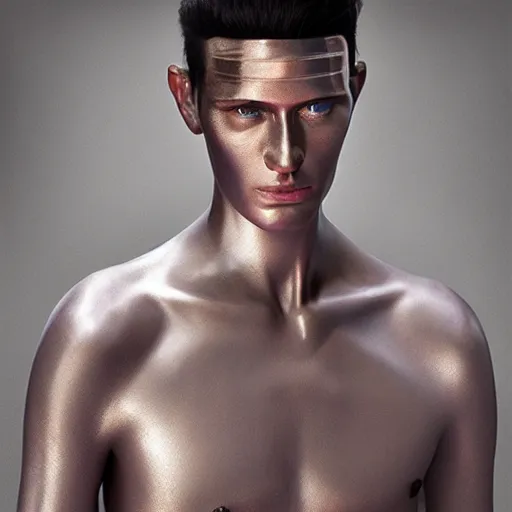 Image similar to a beautiful athletic male holographic metal manequin, photographed by erwin olaf