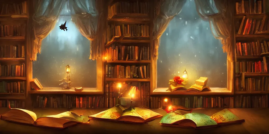 Prompt: magic library, dreamy, smoke, birds, roses, fairy tale, evening lights, highly detailed, low angle view, artstation, mysterious, comfort, in the style of aetherpunk