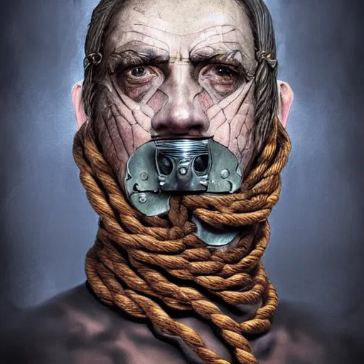 Image similar to portrait of a Shibari rope wrapped around the face and neck of an old cyborg merchant, mouth wired shut, headshot, insanely nice professional hair style, dramatic hair color, digital painting, of a old 17th century, amber jewels, baroque, ornate clothing, scifi, realistic, hyper detailed, chiaroscuro, concept art, art by Franz Hals and Jon Foster and Ayami Kojima and Amano and Karol Bak,