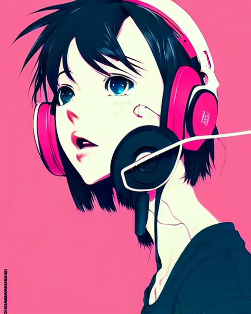 Image similar to girl wearing headphones, city background, very anime!!! anime!! intricate details, high contrast colors, poster background, art by conrad roset and ilya kuvshinov