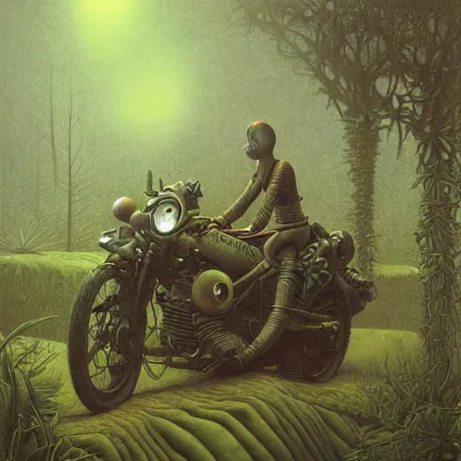 Prompt: a hyperrealistic painting of a futuristic motorcycle in the middle of an alien jungle, bioluminescent plants, by john kenn mortensen and zdzislaw beksinski, highly detailed, vivid color,