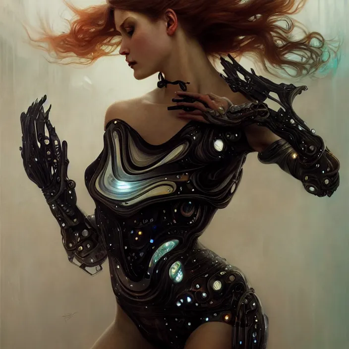 Image similar to liquid cyborg, black oil, diffuse lighting, fantasy, intricate, elegant, highly detailed, lifelike, photorealistic, digital painting, artstation, illustration, concept art, smooth, sharp focus, art by john collier and albert aublet and krenz cushart and artem demura and alphonse mucha