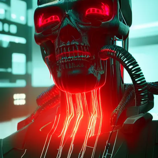 Prompt: cyberpunk skull machine, wires cables, red lights, octane render vray raytracing, photoreal