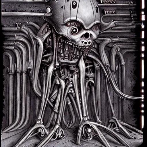 Prompt: a biomechanical tripedal creature designed by giger, horrifying, in an abandoned basement