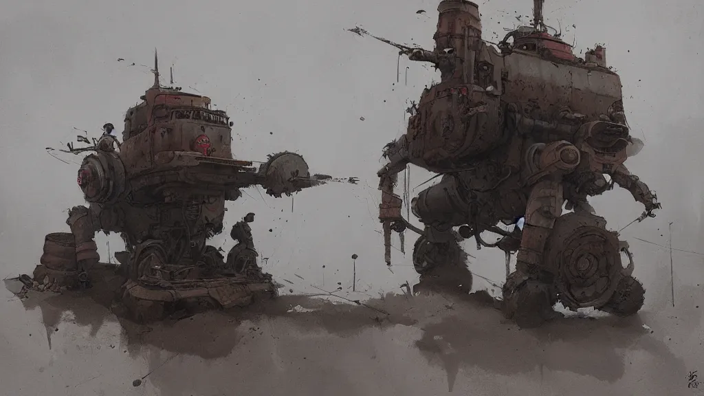 Image similar to big bertha, watercolored, jakub rozalski, dark colours, dieselpunk, artstation