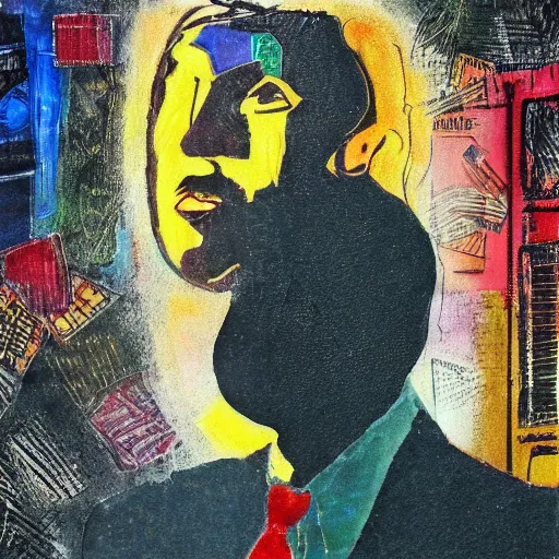 Image similar to dream A portrait of a man, by Karl Wiener, nighttime foreground, abstract!!!, figurative, unreal!!! engine!!!, pen, dark! colors, dirt brick road, Absurdist!! art, Collage