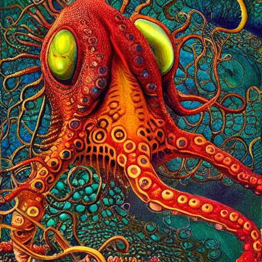 Prompt: fiery whimsical emotional eyes cephalopod, surreal painting by Ernst Haeckel, in a photorealistic macro photograph with shallow DOF, artstation