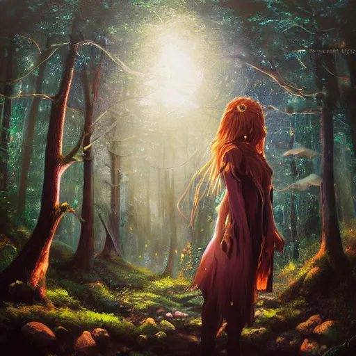 Image similar to girl druid in a dark moonlit forest, irish, expressive oil painting, volumetrics, detailed, by Dan Mumford, by Artgerm, by Yoshitaka Amano, matte art, digital art