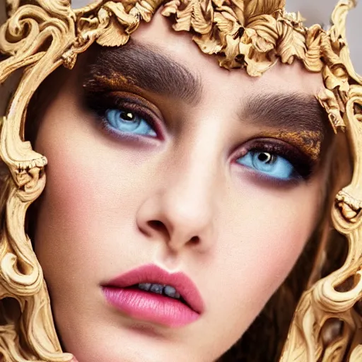 Image similar to close up of face of female fashion model, baroque style, beige colors, official vogue editorial, highly detailed