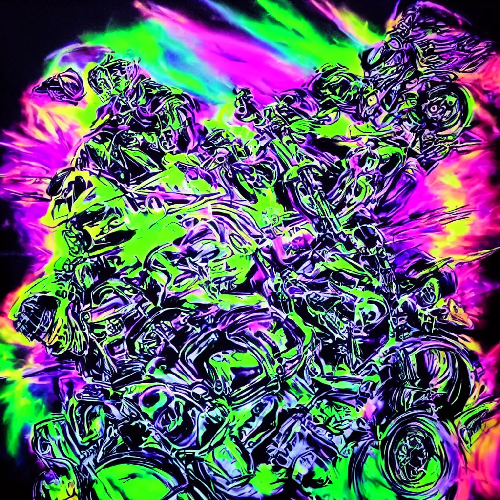 Image similar to psychedelic blacklight airbrush artwork, hyper stylized action shot of an orc biker riding a motorcycle, airbrushed on a black background