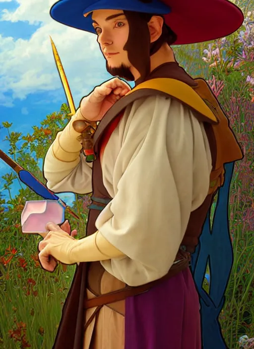 Image similar to regal medieval artist wearing colourful hat, holding a paint palette, natural lighting, path traced, highly detailed, high quality, digital painting, by don bluth and ross tran and studio ghibli and alphonse mucha, artgerm