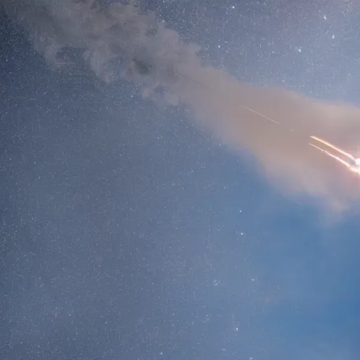 Prompt: rocket breaking through the sky with triangular shaped smoke trail leading behind it