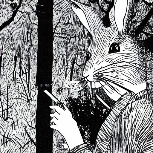 Image similar to an epic profile of a rabbit smoking a cigarette deep in the forest, striking pose, black and white illustration, creative design by junji ito