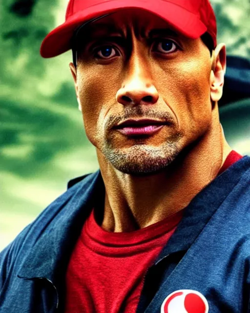 Image similar to Film still close-up shot of Dwayne Johnson as ash ketchum from the movie pokemon. Photographic, photography