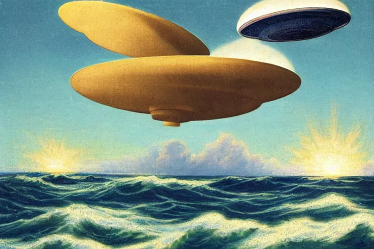 Prompt: two flying saucers battling over the ocean. art by george philip reinagle.