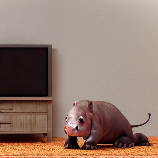 Image similar to a baby hippo lives in a cozy house. it likes to sit on the sofar and watch tv. digital art. 3 d render, photorealistic, hyper realistic, imax 7 0 mm, ue 5, octane.