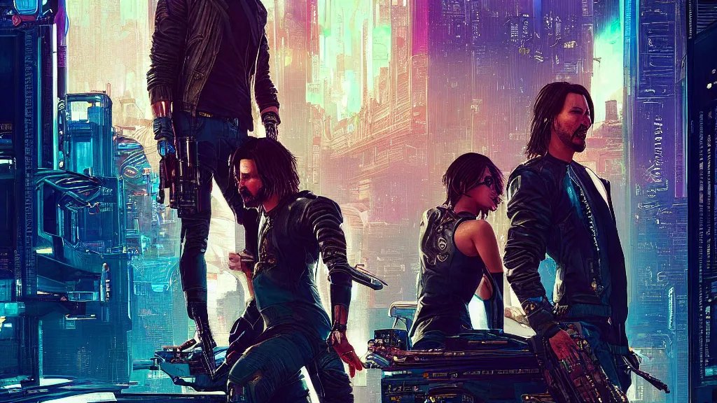 Prompt: a cyberpunk 2077 srcreenshot couple portrait of Keanu Reeves female v in love story,film lighting,by Laurie Greasley,Lawrence Alma-Tadema,Dan Mumford,John Wick,Speed,Replicas,artstation,deviantart,FAN ART,full of color,Digital painting,face enhance,highly detailed,8K,octane,golden ratio,cinematic lighting